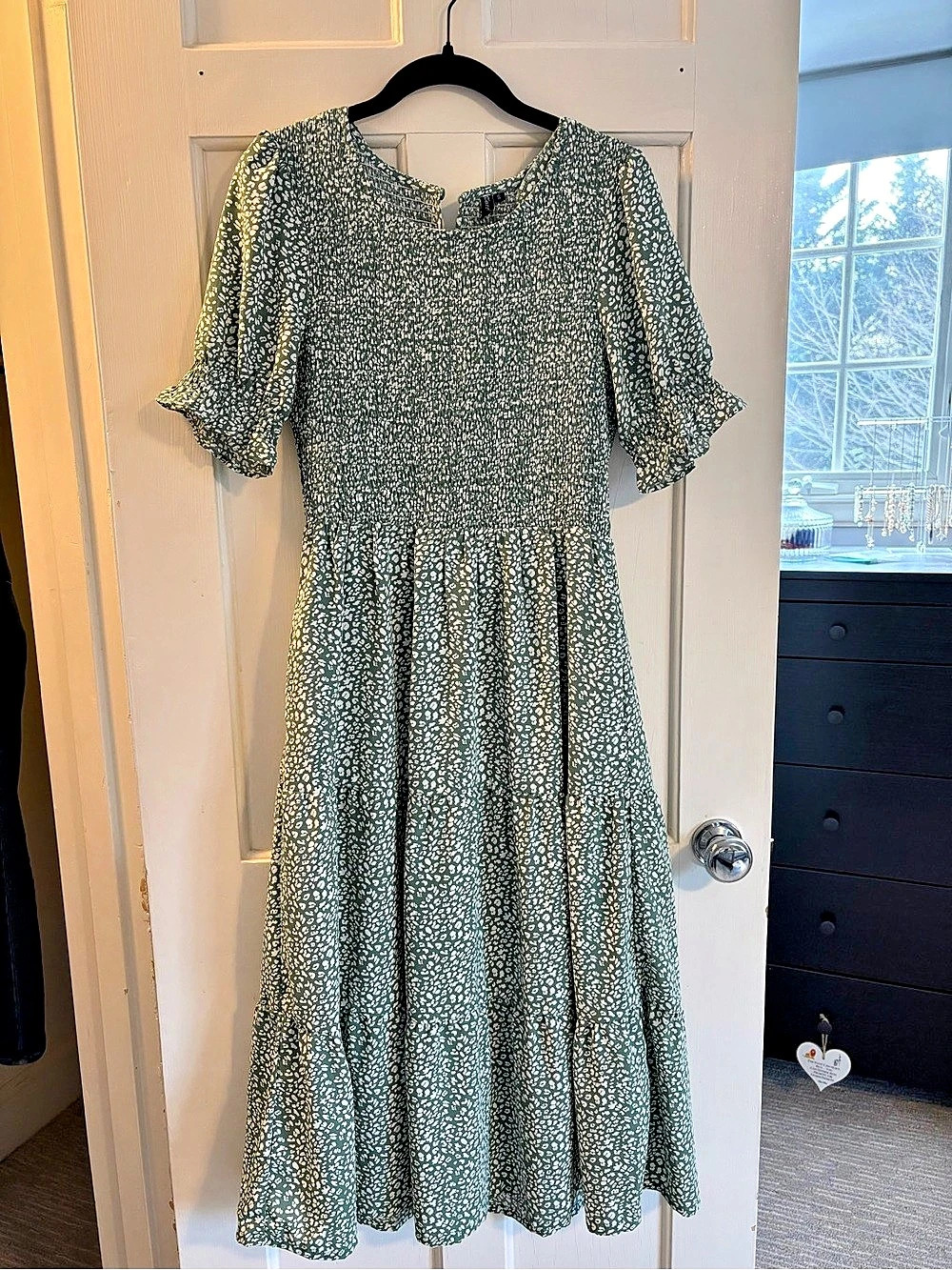 Green Leopard Print Tiered Midi Dress